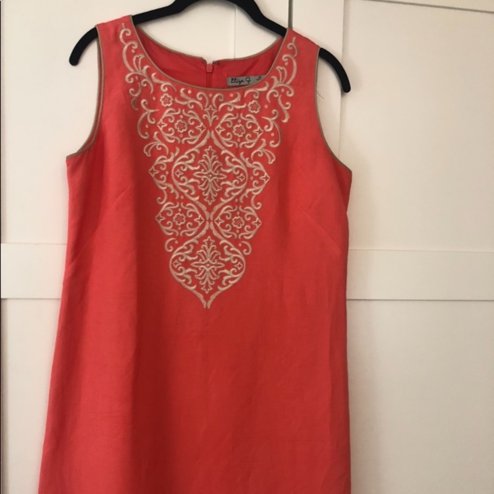 Coral Linen shift dress w/ front embroidery detail